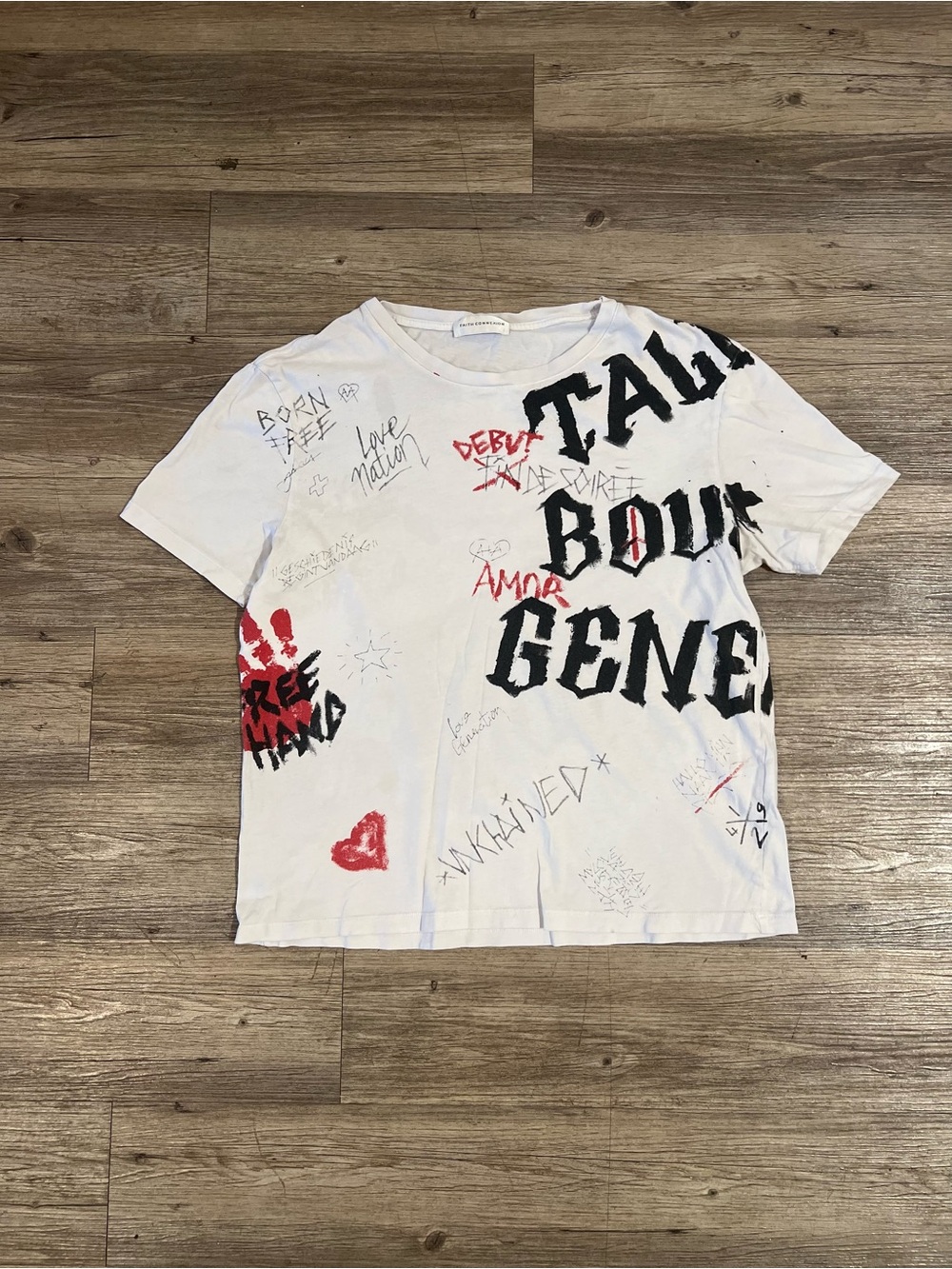 FAITH CONNEXION Size M White Black & Red Print Cotton Crew-Neck
